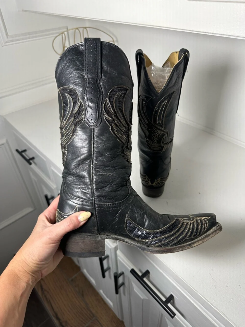 Rudel Womens 6.5E Black Leather Cowboy Boots Wing Stitch Western Embroidered - Picture 8 of 10